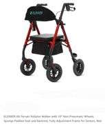 ELENKER All-Terrain Rollator Walker with 10” Non-Pneumatic Wheels, Sponge Padded Seat and Backrest, Fully Adjustment Frame for Seniors, Red