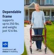 Medline Superlight Folding Aluminum Mobility Rollator Walker, Red, 250 lb. Weight Capacity, 6" Wheels, Adjustable Arms and Seat