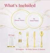 Prestee 350-Piece Engagement Party Decorations Disposable Dinnerware Set for 50 Guests - Fancy Plastic Dinner Ware Sets with Plates, Cups, Forks, Knives, Spoons - White and Gold Dinnerware Set