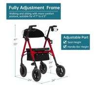 ELENKER All-Terrain Rollator Walker with 10” Non-Pneumatic Wheels, Sponge Padded Seat and Backrest, Fully Adjustment Frame for Seniors, Red