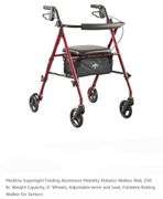 Medline Superlight Folding Aluminum Mobility Rollator Walker, Red, 250 lb. Weight Capacity, 6" Wheels, Adjustable Arms and Seat