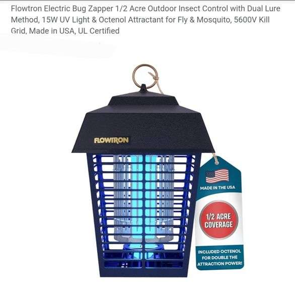 Flowtron Electric Bug Zapper 1/2 Acre Outdoor Insect Control with Dual Lure Method, 15W UV Light & Octenol Attractant for Fly & Mosquito, 5600V Kill Grid, Made in USA, UL Certified