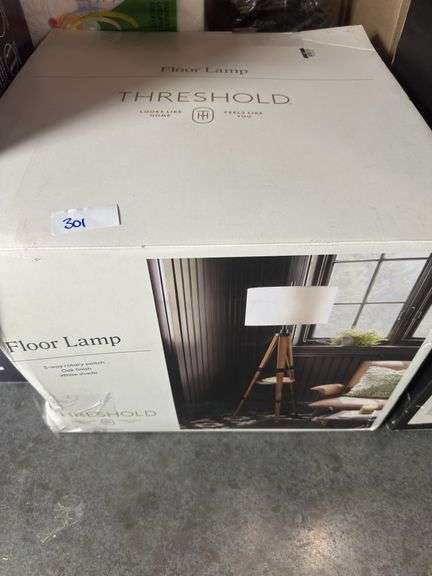 Threshold Tripod Floor Lamp with Shelf Modern Brown Wood Drum Shade 60"x19"