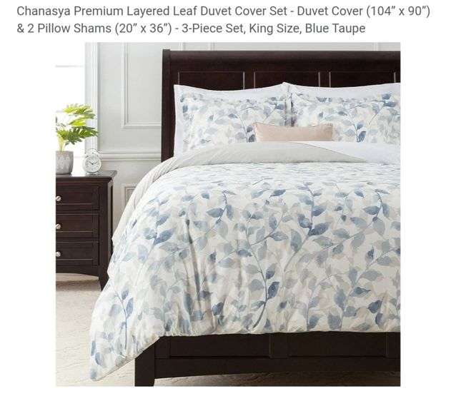 Chanasya Premium Layered Leaf Duvet Cover Set - Duvet Cover (104” x 90”) & 2 Pillow Shams (20” x 36”) - 3-Piece Set, King Size, Blue Taupe