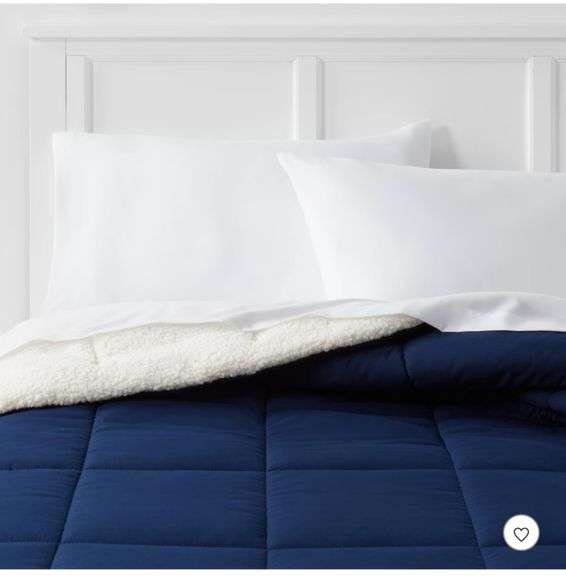 (3) Faux Shearling Washed Microfiber Reversible Comforter - Room Essentials, navy blue, white and grey, see pictures