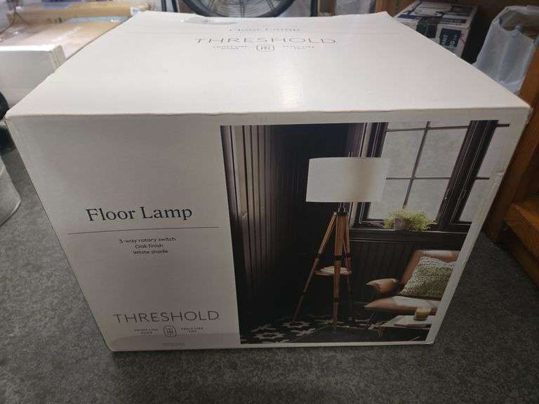 Threshold Tripod Floor Lamp with Shelf Modern Brown Wood Drum Shade 60"x19"
