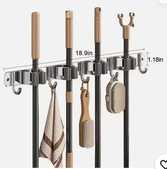 Mop and Broom Holder 4 Clips 5 Hooks Heavy Duty Mop Hanger Wall Mounted