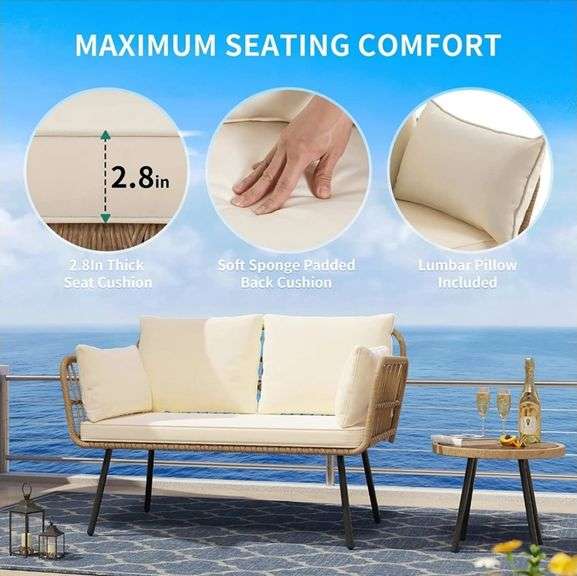 All-Weather Wicker Loveseat Sofa with Beige Cushions & Lumbar Pillows