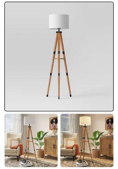 Threshold Tripod Floor Lamp with Shelf Modern Brown Wood Drum Shade 60"x19"