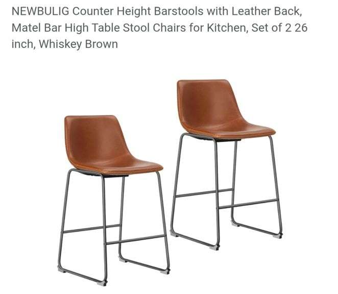 NEWBULIG Counter Height Barstools with Leather Back, Matel Bar High Table Stool Chairs for Kitchen, Set of 2 26 inch, Whiskey Brown