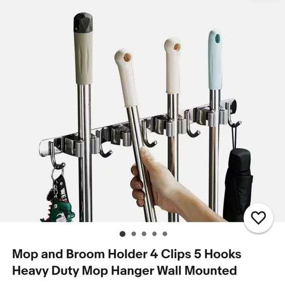 Mop and Broom Holder 4 Clips 5 Hooks Heavy Duty Mop Hanger Wall Mounted