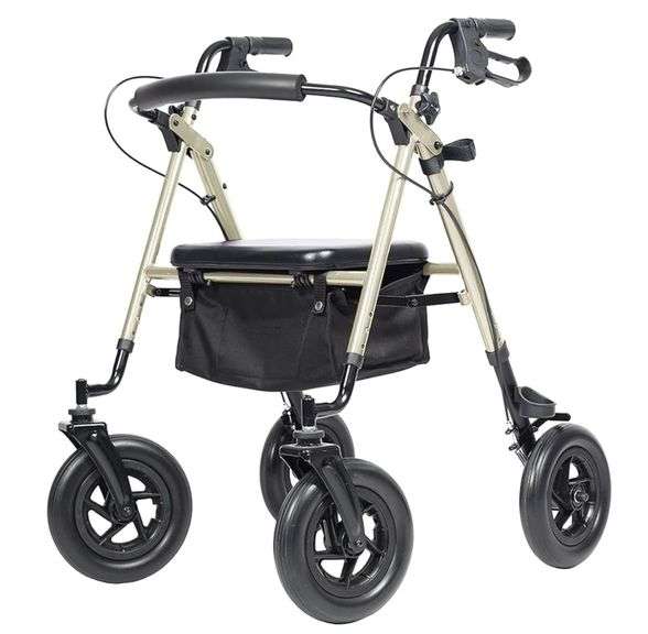 ELENKER All-Terrain Rollator Walker with 10” Rubber Wheels, Padded Seat & Backrest, Under-seat Basket for Seniors (Champagne)