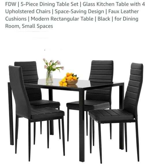READ!! FDW | 5-Piece Dining Table Set | Glass Kitchen Table with 4 Upholstered Chairs | Space-Saving Design | Faux Leather Cushions | Modern Rectangular Table | Black | for Dining Room, Small Spaces