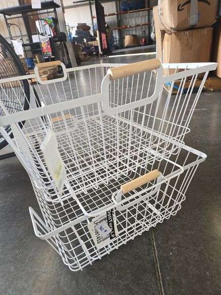 (2) Stacking Wire Laundry Basket with Wooden Handles