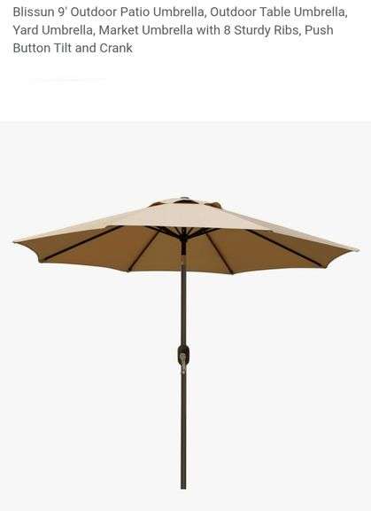 Blissun 9' Outdoor Patio Umbrella, Outdoor Table Umbrella, Yard Umbrella, Market Umbrella with 8 Sturdy Ribs, Push Button Tilt and Crank