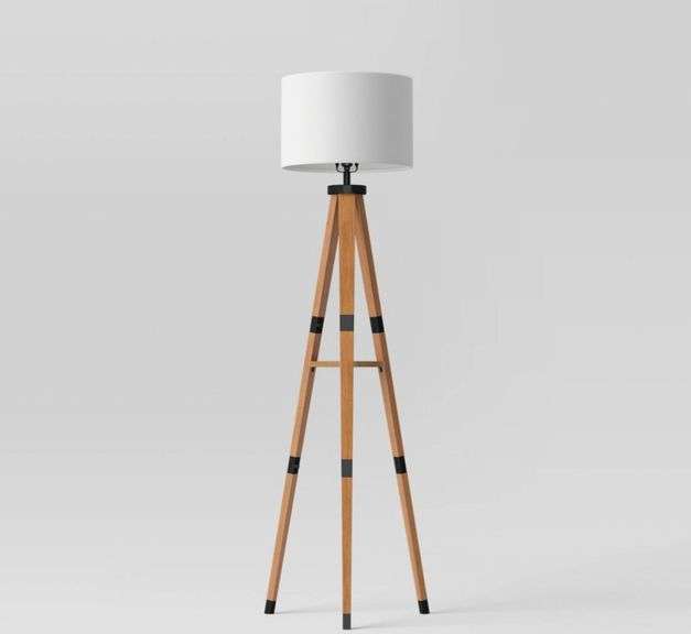 Threshold Tripod Floor Lamp with Shelf Modern Brown Wood Drum Shade 60"x19"