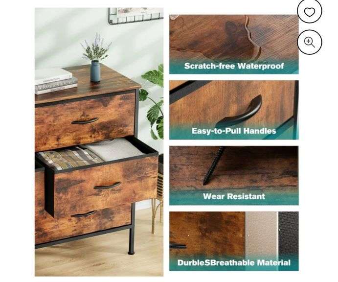 CONCETTA 6 Drawer Dresser for Bedroom, Tall Chest Organizer with Fabric Bins, Steel Frame, Rust Brown