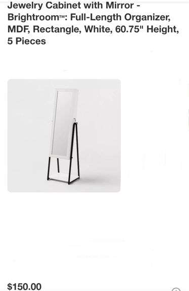 Jewelry Cabinet with Mirror - Brightroom™: Full-Length Organizer, MDF, Rectangle, White, 60.75" Height, 5 Pieces