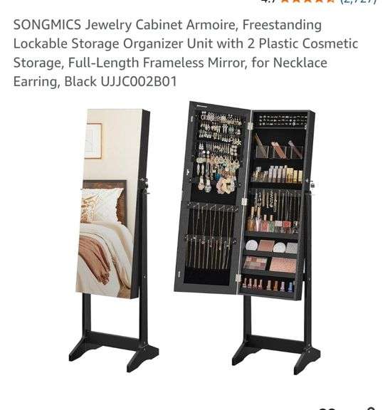 SONGMICS Jewelry Cabinet Armoire, Freestanding Lockable Storage Organizer Unit with 2 Plastic Cosmetic Storage, Full-Length Frameless Mirror, for Necklace Earring, Black