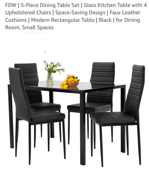 FDW | 5-Piece Dining Table Set | Glass Kitchen Table with 4 Upholstered Chairs | Space-Saving Design | Faux Leather Cushions | Modern Rectangular Table | Black | for Dining Room, Small Spaces