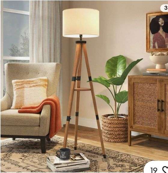 Threshold Tripod Floor Lamp with Shelf Modern Brown Wood Drum Shade 60"x19"