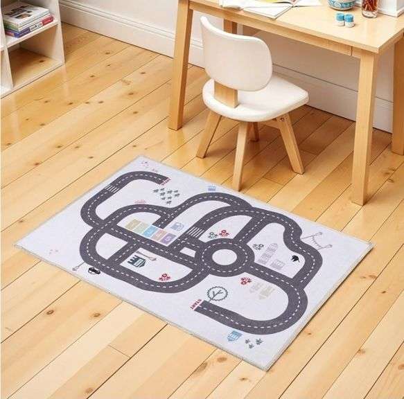 Washable Non-Slip Indoor Rug for Kids, Perfect for Playroom, Road Course with Streets, Roundabouts, Buildings, Trees, 2' x 3', Ivory