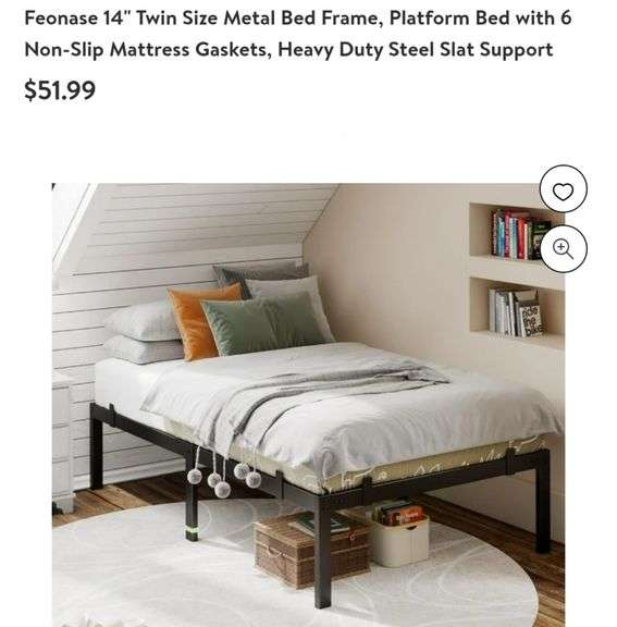 Feonase 14" Twin Size Metal Bed Frame, Platform Bed with 6 Non-Slip Mattress Gaskets, Heavy Duty Steel Slat Support