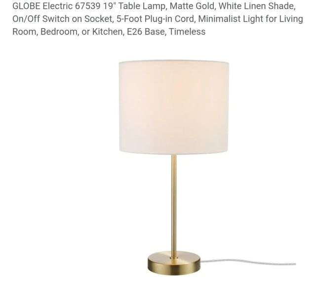 GLOBE Electric 67539 19" Table Lamp, Matte Gold, White Linen Shade, On/Off Switch on Socket, 5-Foot Plug-in Cord, Minimalist Light for Living Room, Bedroom, or Kitchen, E26 Base, Timeless