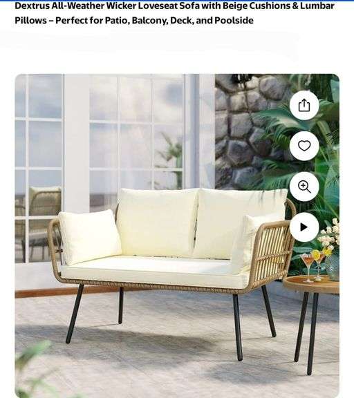 All-Weather Wicker Loveseat Sofa with Beige Cushions & Lumbar Pillows