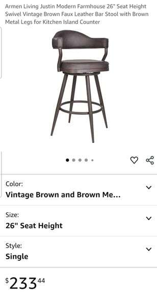 Armen Living Justin Modern Farmhouse 26" Seat Height Swivel Vintage Brown Faux Leather Bar Stool with Brown Metal Legs for Kitchen Island Counter