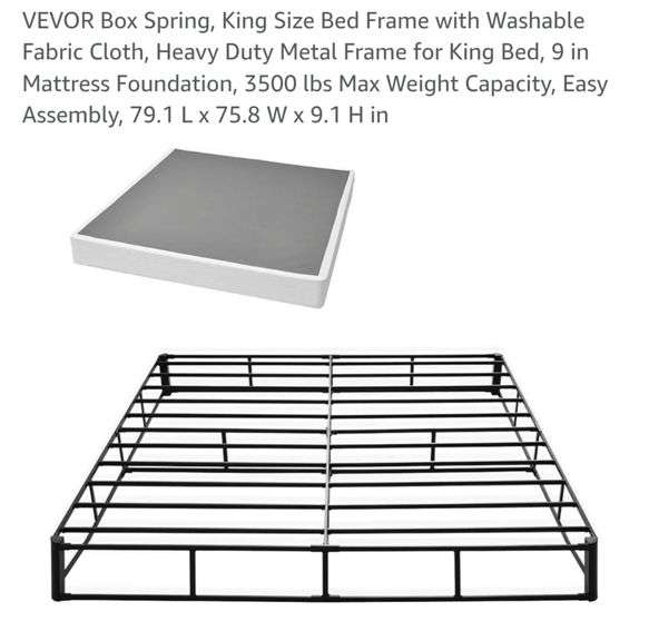 VEVOR Box Spring, King Size Bed Frame with Washable Fabric Cloth, Heavy Duty Metal Frame for King Bed, 9 in Mattress Foundation, 3500 lbs Max Weight Capacity, Easy Assembly, 79.1 L x 75.8 W x 9.1 H in