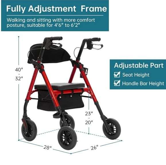 ELENKER All-Terrain Rollator Walker with 8” Non-Pneumatic Wheels, Sponge Padded Seat and Backrest, Fully Adjustment Frame for Seniors,Red