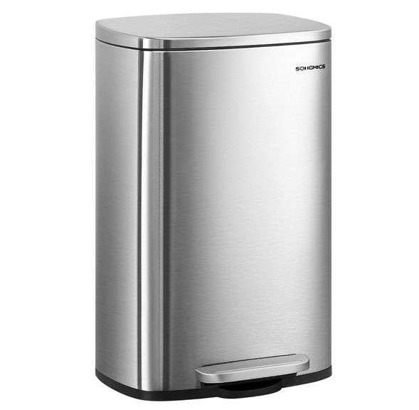 SONGMICS 13 Gallon (50 Liter) Trash Can, Stainless Steel Kitchen Waste Bin, Recycling or Garbage Can, Soft-Close, Step Pedal, Removable Inner Bucket, Silver