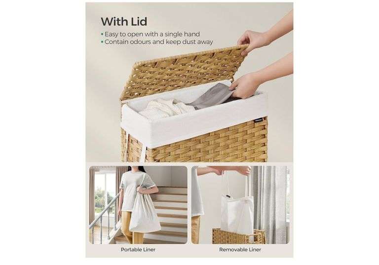 SONGMICS Slim Laundry Basket, 55L Synthetic Rattan Storage Basket with Lid and Handles, Wicker, Foldable, Removable Liners, for Blankets, Clothes, Laundry Room, Goose Yellow LCB164N01