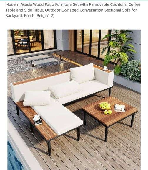 Modern Acacia Wood Patio Furniture Set with Removable Cushions, Coffee Table and Side Table, Outdoor L-Shaped Conversation Sectional Sofa for Backyard, Porch
