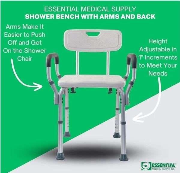 Essential Medical Supply Height Adjustable Shower and Bath Bench with Back, Padded Arms and Textured Seat