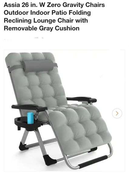 26 in. W Zero Gravity Chairs Outdoor Indoor Patio Folding Reclining Lounge Chair with Removable Gray Cushion
