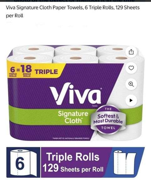 Viva Signature Cloth Paper Towels, 6 Triple Rolls, 129 Sheets per Roll
