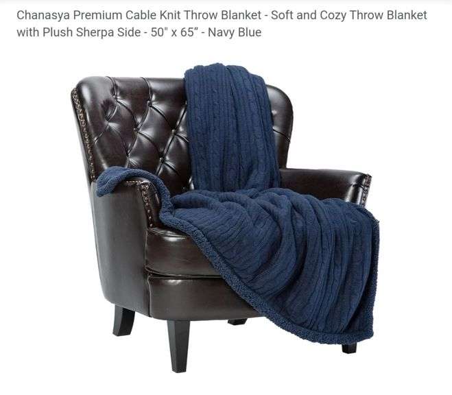 Chanasya Premium Cable Knit Throw Blanket - Soft and Cozy Throw Blanket with Plush Sherpa Side - 50" x 65” - Navy Blue