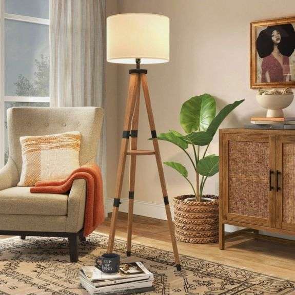Threshold Tripod Floor Lamp with Shelf Modern Brown Wood Drum Shade 60"x19"