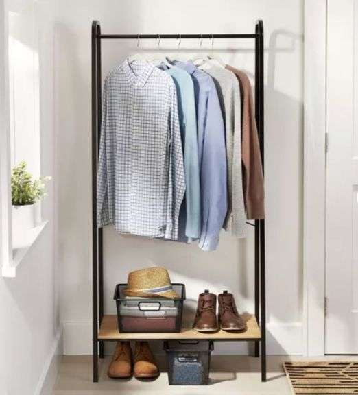 Single Shelf Garment Rack Black Metal with Natural Wood