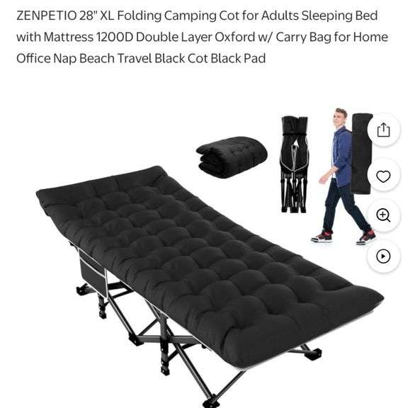 ZENPETIO 28" XL Folding Camping Cot for Adults Sleeping Bed with Mattress 1200D Double Layer Oxford w/ Carry Bag for Home Office Nap Beach Travel Black Cot Black Pad