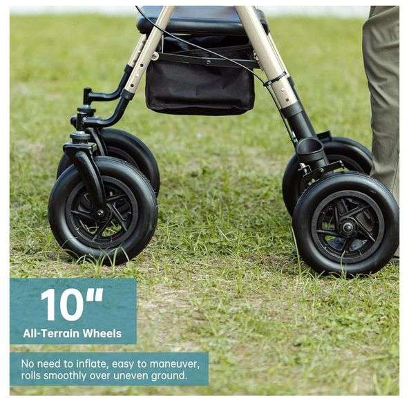 ELENKER All-Terrain Rollator Walker with 10” Rubber Wheels, Padded Seat & Backrest, Under-seat Basket for Seniors (Champagne)