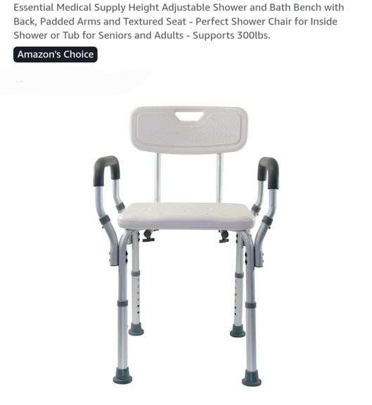 Essential Medical Supply Height Adjustable Shower and Bath Bench with Back, Padded Arms and Textured Seat