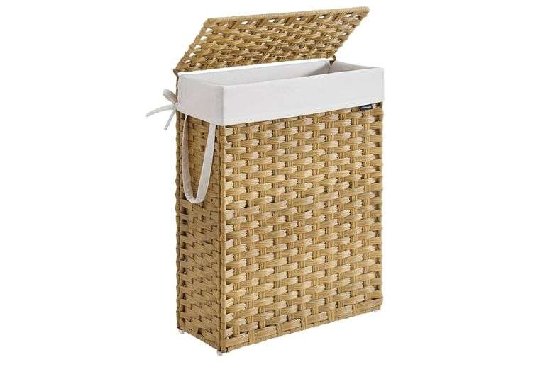 SONGMICS Slim Laundry Basket, 55L Synthetic Rattan Storage Basket with Lid and Handles, Wicker, Foldable, Removable Liners, for Blankets, Clothes, Laundry Room, Goose Yellow LCB164N01