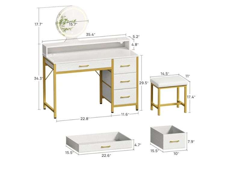 Seventable Vanity Desk with 4 Drawers, Vanity Table and Chair Set with Power Outlet & LED Strip, Makeup Table with 3 Adjustable Lighting Modes for Bedroom, White Gold