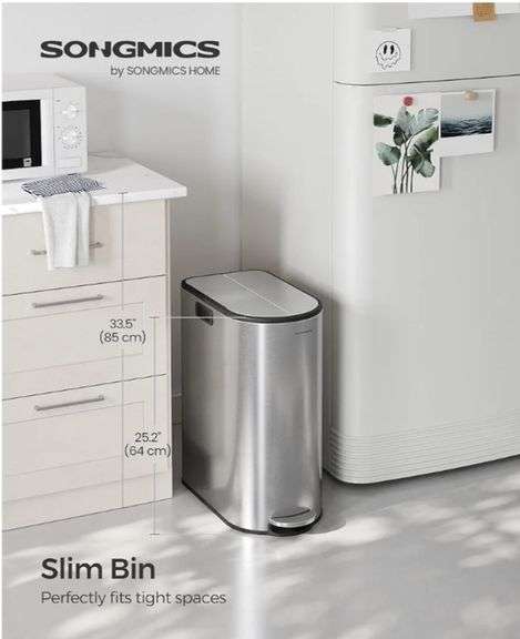 SONGMICS 13-Gallon Dual Kitchen Trash Can, 5.3 and 8 Gallon Compartments, Garbage Can with Wing Lids, Stainless Steel, Soft Close, Inner Buckets, Metallic Silver