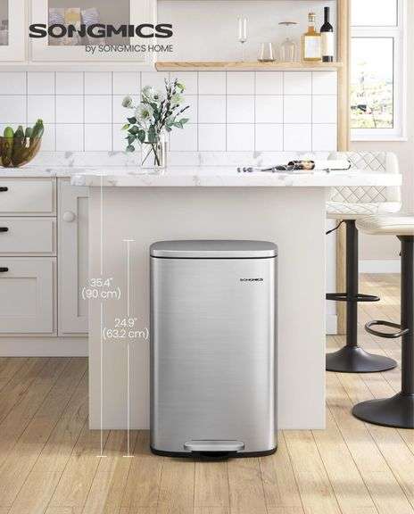 SONGMICS 13 Gallon (50 Liter) Trash Can, Stainless Steel Kitchen Waste Bin, Recycling or Garbage Can, Soft-Close, Step Pedal, Removable Inner Bucket, Silver