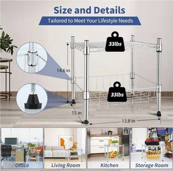 2-Tier Shelving Unit, 15" W x 13.8" D x 15" H Wire Metal Stackable Storage with Basket, Chrome