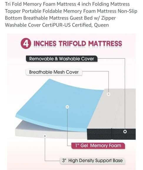 Tri Fold Memory Foam Mattress 4 inch Folding Mattress Topper Portable Foldable Memory Foam Mattress Non-Slip Bottom Breathable Mattress Guest Bed w/ Zipper Washable Cover CertiPUR-US Certified, Queen